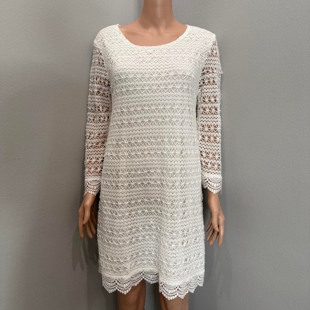 H&M Divided White Lace Long Sleeve Mini Shift Dress Scalloped Hem Size L